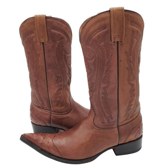 Cowboy Boots 8M Brown Ostrich Pointed Toe Leather Cowboy Western Black Rooster - Picture 9 of 16